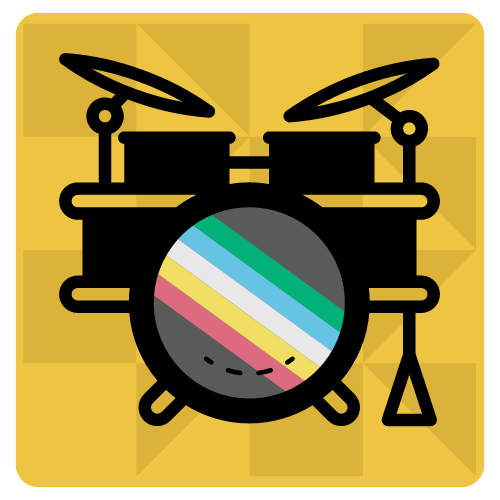 Image a a drum kit with the disability pride flag on the bass drum
