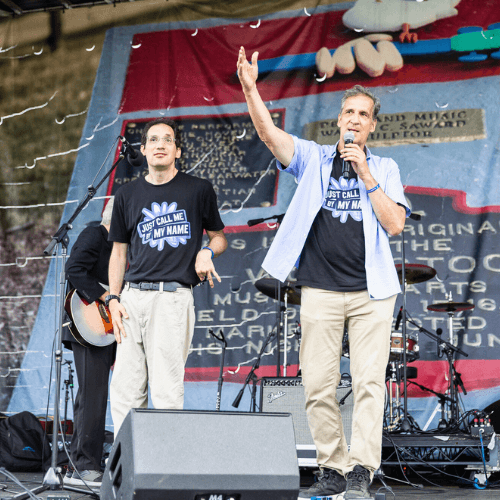 Daniel and Ken Trush up on stage at the Horizon Stage at Bethel Woods Center for The Arts