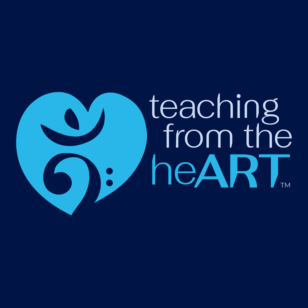Teaching from the Heart logo, a heart with a bass clef stylized to look like a person reaching up, inside a heart