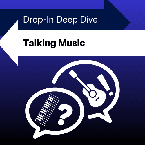 Graphic of two speech bubbles, one with a guitar, and one with a keyboard.