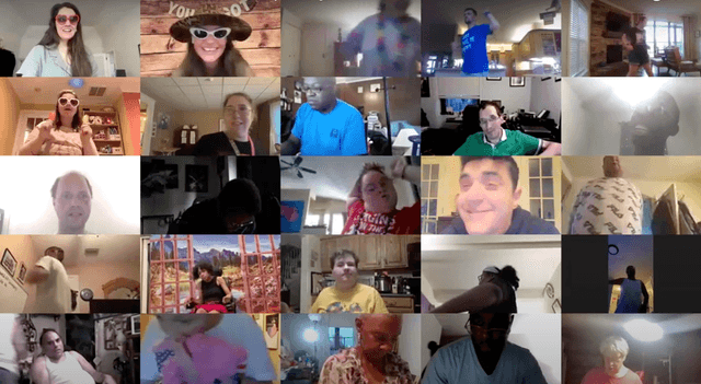 Zoom call grid featuring people smiling and dancing