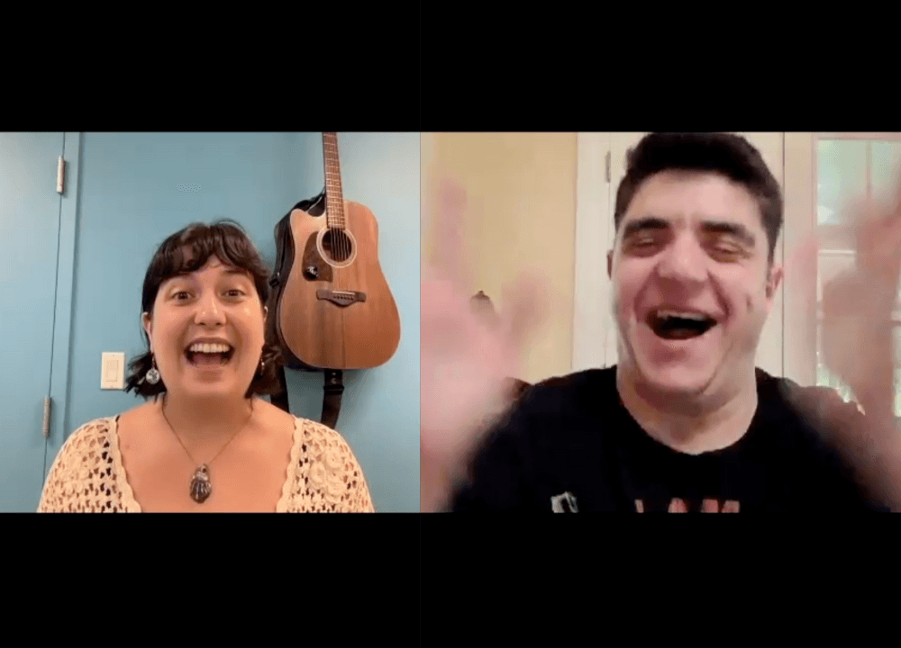 Screenshot of an online class featuring stefani and jacob smiling and laughing
