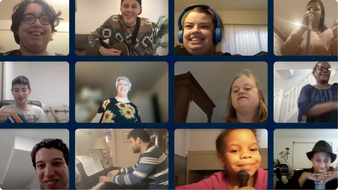 A grid of DMF participants tuning into online events to sing, dance, play instruments, and enjoy music together