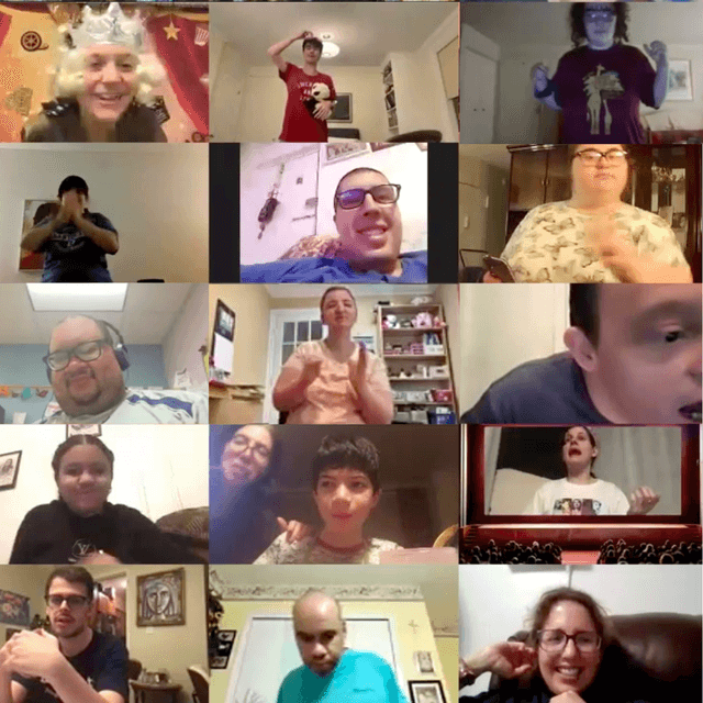 Grid of online dance party attendees