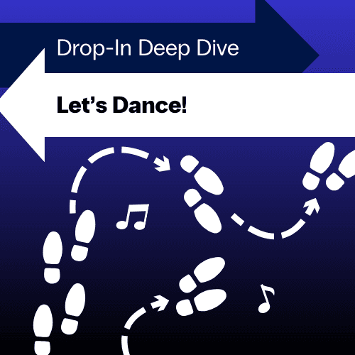Logo for the let's dance drop in, showing a diagram of some dance steps in front of a blue gradient background.